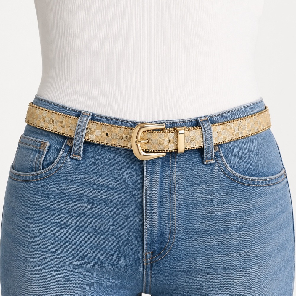 Elite Western Checkerboard Belt Womens XL Gold Metallic Ball Chain Trim GLAM